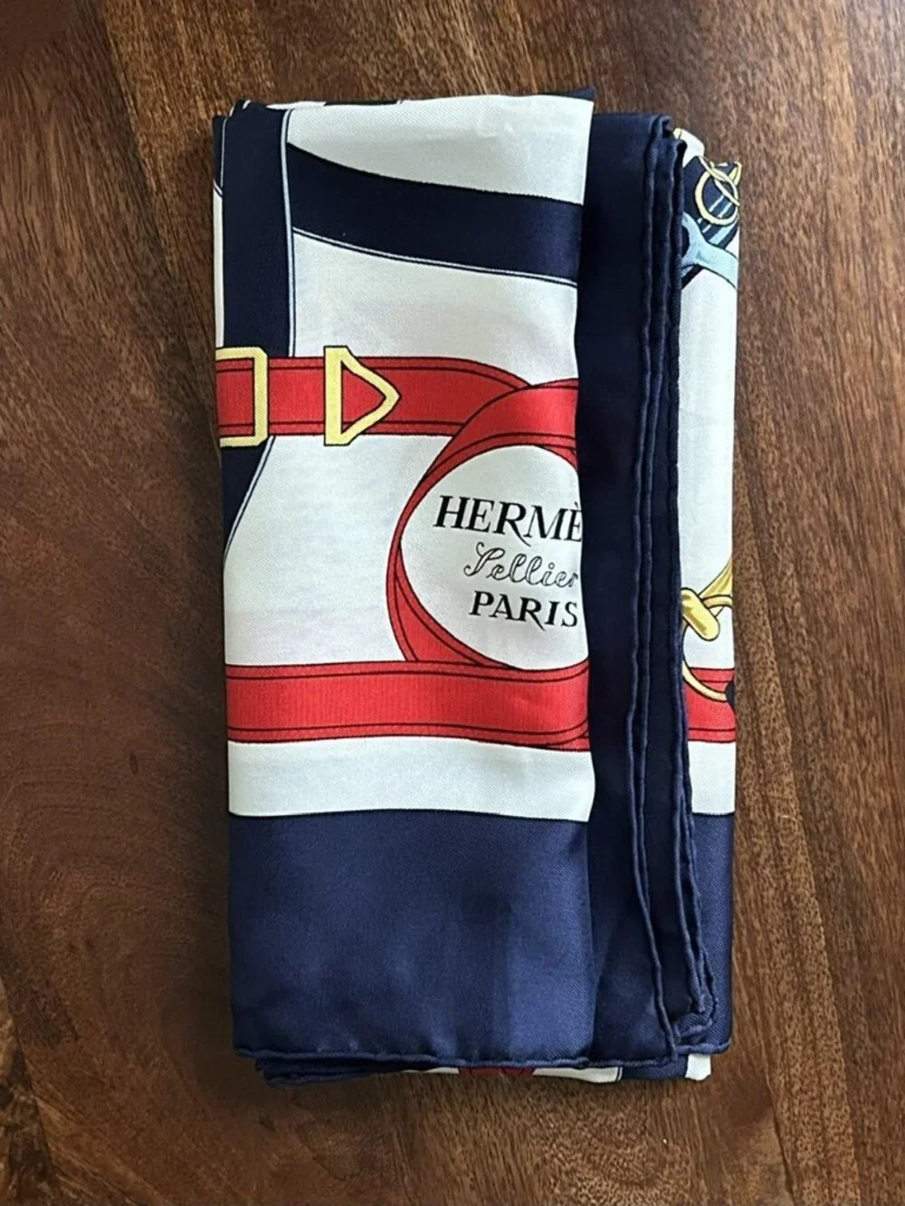 HERMES Silk Eperon D'Or Scarf, Navy, Red, Square 33 inch